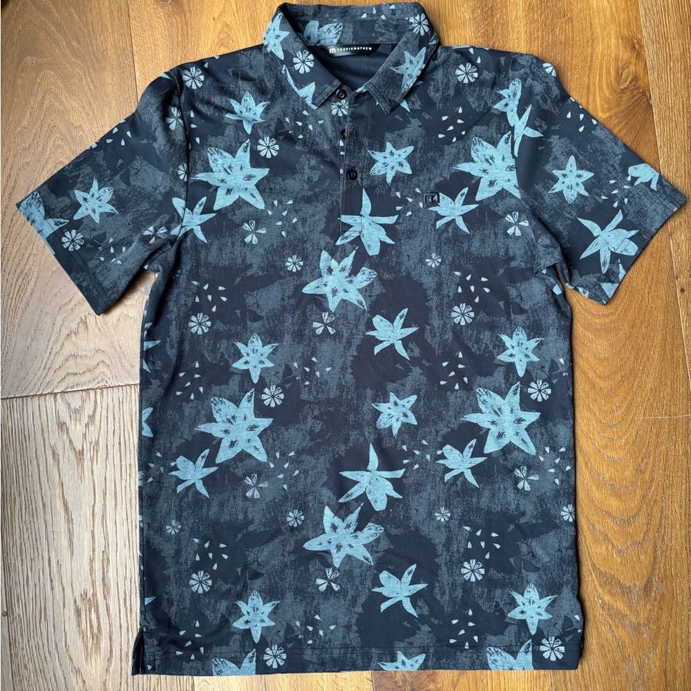 Travis Mathew Short Sleeve Polo Shirt Black & Blue Star Print Large Golf Casual